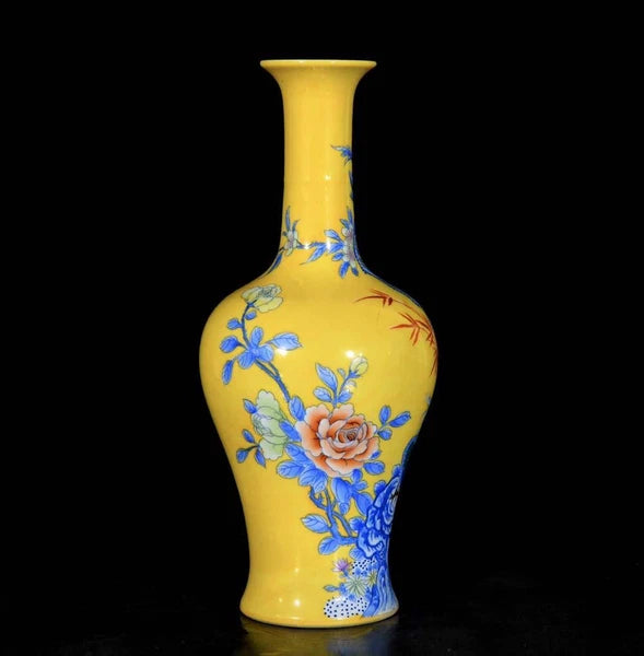 Qianlong Signed Pair Old Chinese Colour Enamel Vase W/peacock N3685