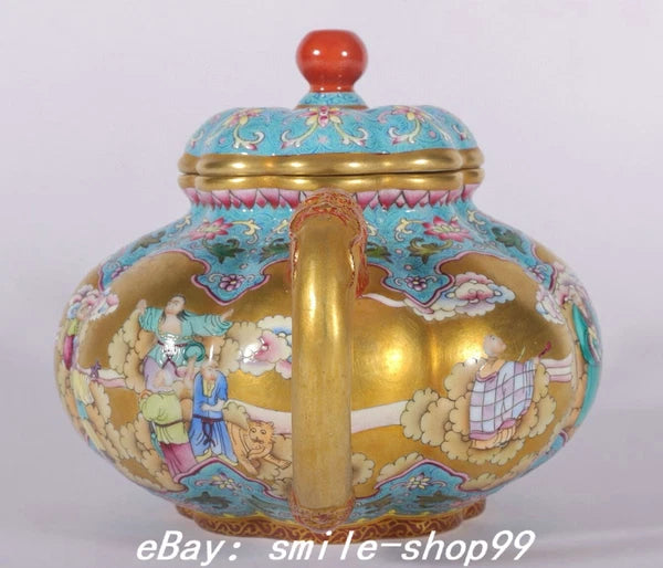 7.4" Qianlong Enamel Colour Porcelain Gold lohan Arhat Damo Dragon Kettle Pot
