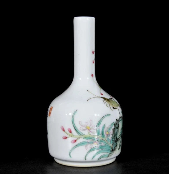 Pair Qianlong Signed Old Chinese Colour Enamel Vase W/orchid N3436