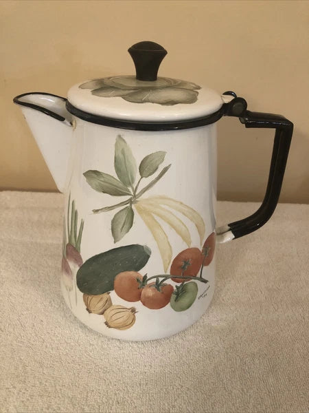 enamelware painted vegetables coffee pot signed davidson 1974