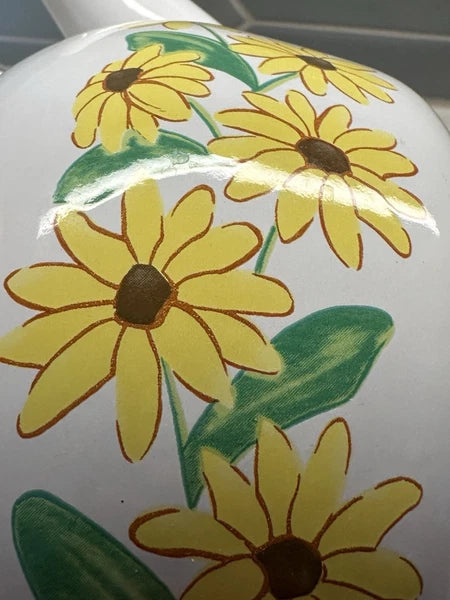Vintage Yellow Enamel Teapot Wooden Handle Daisy Flowers MCM Retro Metal