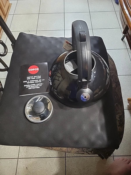 NWT Copco Black Porcelain Enamel On Steel Whistling Tea Kettle 2 Qt New