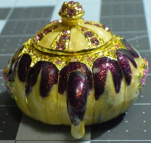 beautiful teapot trinket pill box enamel pink rhinestone roses lidded heavy