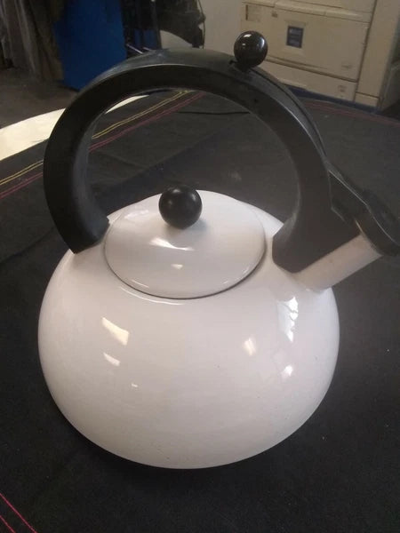 Vintage Copco Enamel Coated  White Tea Kettle Black Handle