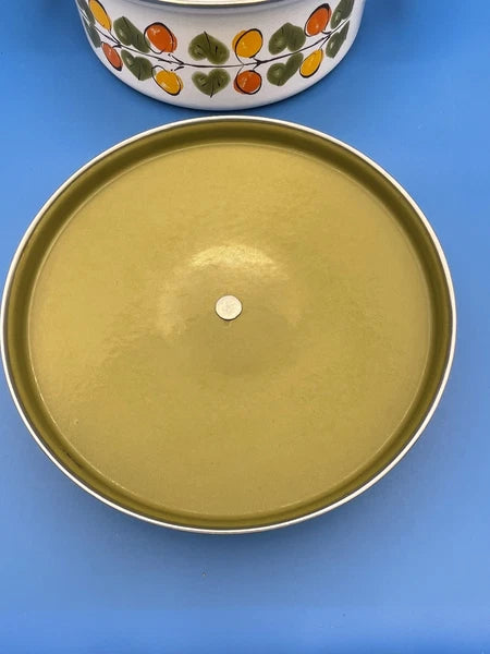 Vintage Enamel Pots and Lids Lemon Orange Leaves Austria Email MCM Set of 2