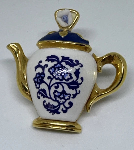 Vtg AVON Teapot Brooch Pin Blue White Gold Enamel New In Box 1.5”