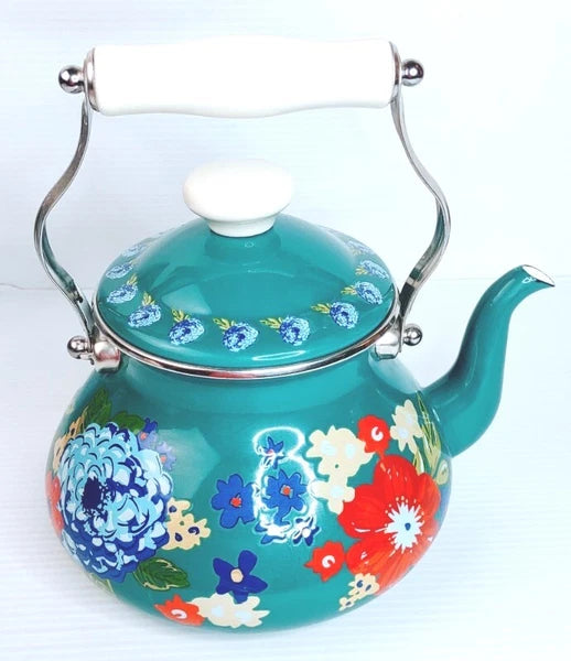 Pioneer Woman Enamel on Steel Dazzling Dahlias Tea Kettle, Excellent Gently Used