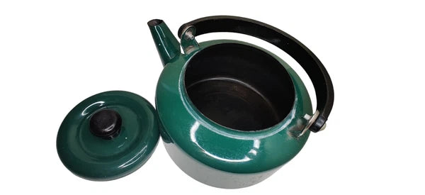Vintage Teal Green Enamel Tea Kettle with Black Plastic Handle