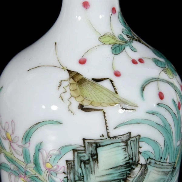 Pair Qianlong Signed Old Chinese Colour Enamel Vase W/orchid N3436