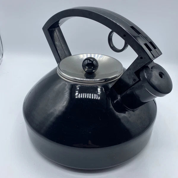 Vintage Black Enamel Tea Kettle Metal Sleek Design Silver Lid Black Knob