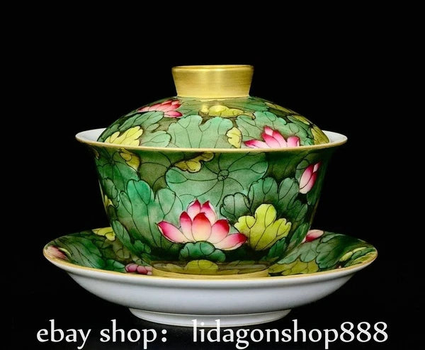 5" Qianlong Marked Enamel Porcelain Lotus Flower Leaf Pattern Lid Cup Plate Set