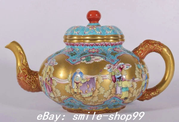 7.4" Qianlong Enamel Colour Porcelain Gold lohan Arhat Damo Dragon Kettle Pot