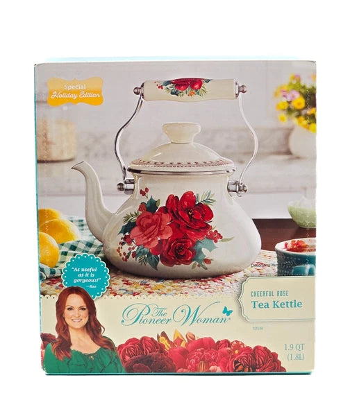 Pioneer Woman Teapot Kettle 1.9 Quart Farmhouse Decor Cheerful Rose Ree Drummond