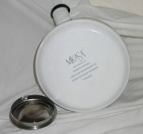 Vintage Mikasa Enamelware w Whistle Parisian Scenes Tea Kettle Paris Images EUC!