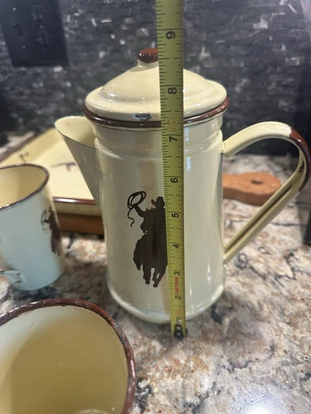 Vintage Cowboy Enamelware Coffee Pot Cups & Tray Set Western Creative Co-Op