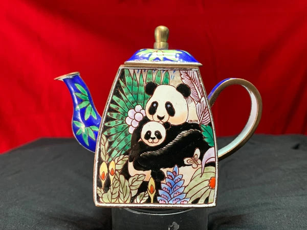 John Clementson Miniature Brass and Enamel Teapot with Panda