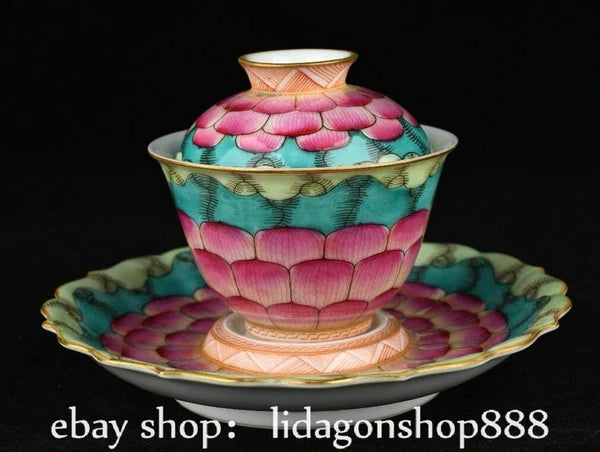 6.2" Old Chinese Qianlong Enamel Porcelain Lotus Flower Lid Tea Plate Tray