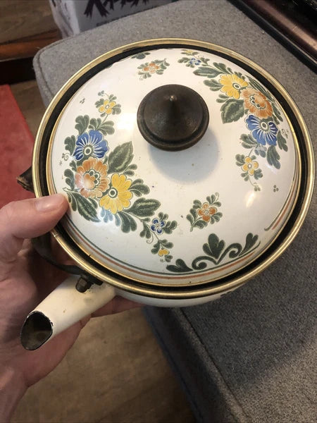 ASTA Enamelware Tea Kettle 1960s Teapot Brass Handles Floral Vintage 7”