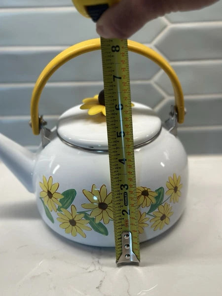 Vintage Yellow Enamel Teapot Wooden Handle Daisy Flowers MCM Retro Metal