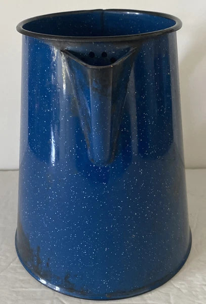 Enamelware Coffee Pot Blue White Speckled With Handle And Spout 8” Tall X 8”