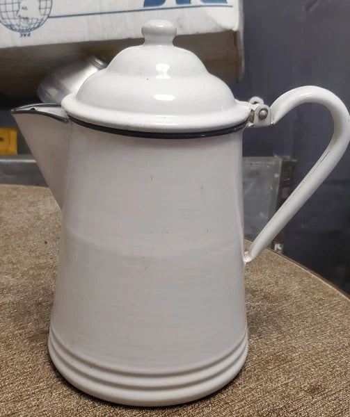 Graniteware Teapot White with Black Trim Enamelware Coffee Pot Vintage