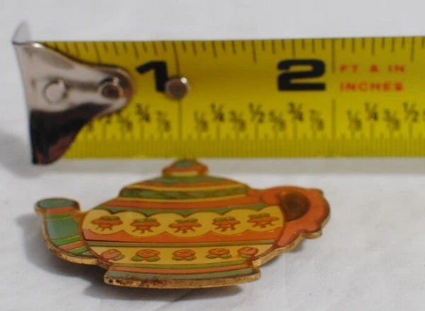 Vintage Gold Tone Enamel Pink & Green Fridge Magnet Tea Kettle Pot