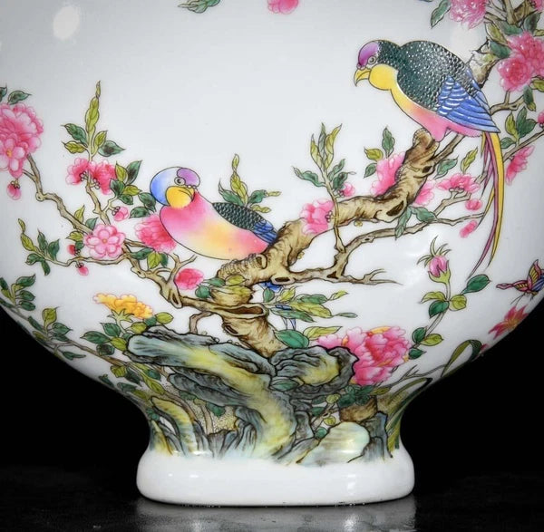 28CM Yongzheng Signed Old Chinese Colour Enamel Vase W/bird N3654