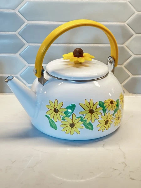 Vintage Yellow Enamel Teapot Wooden Handle Daisy Flowers MCM Retro Metal