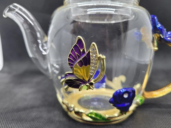 Teffania Teapot Handcrafted Crystal Glass W Blue Roses And Rhinestons 12 OZ  A12