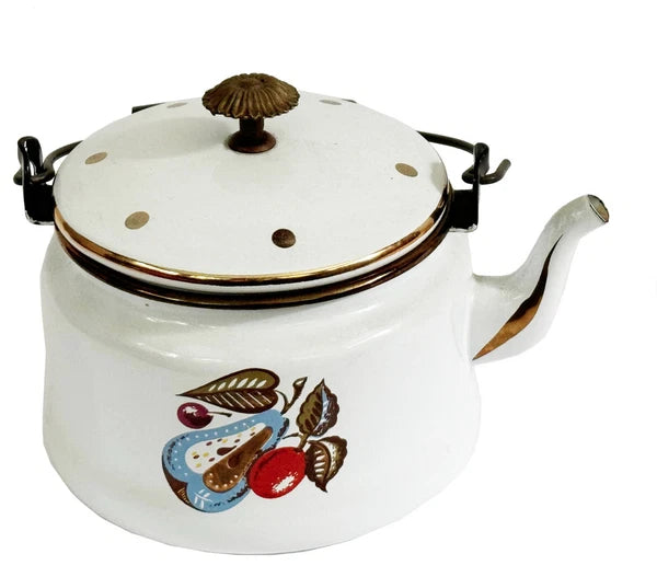 GEORGES BRIARD Tea Kettle Enamelware Fruit Vegetables Gold Accents Mid Century