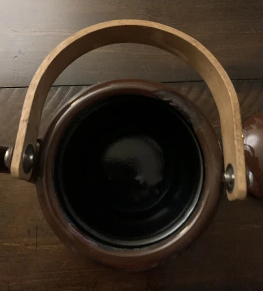 Brown Enamel Vintage  Tea Kettle W/ Wooden Handle Tiny Chip On Lid & Rim