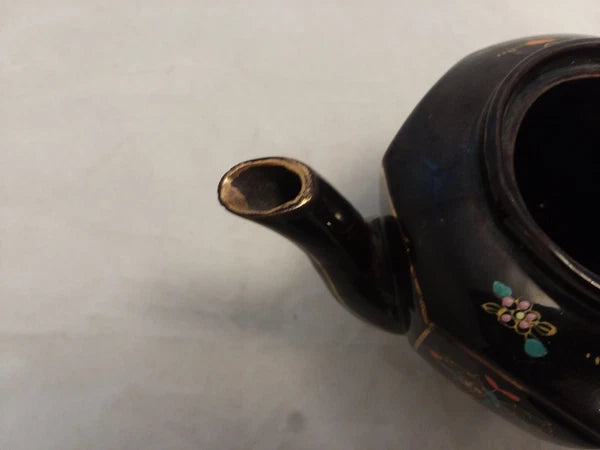 Japan Vintage Black Glazed Tea Pot Hand-painted Design Flowers Gold Trim Hexagon