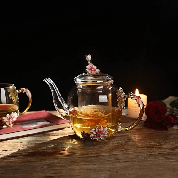 35OZ Enamel Glass Flower Teapot With Removable Loose Tea Leaf Infuser Tea Mak...