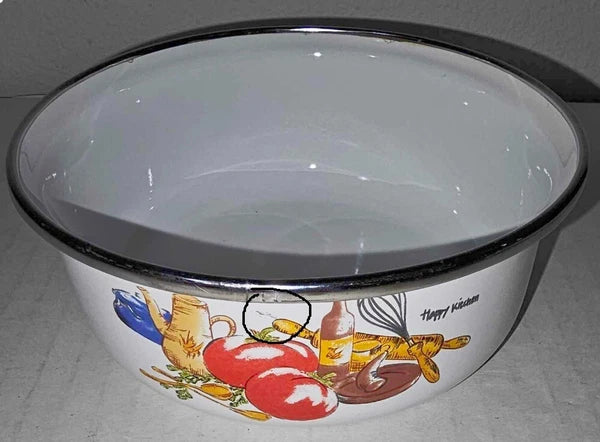Happy Kitchen 5" Enamelware Bowl Vintage Chrome Rim Tomato Teapot Salad Print