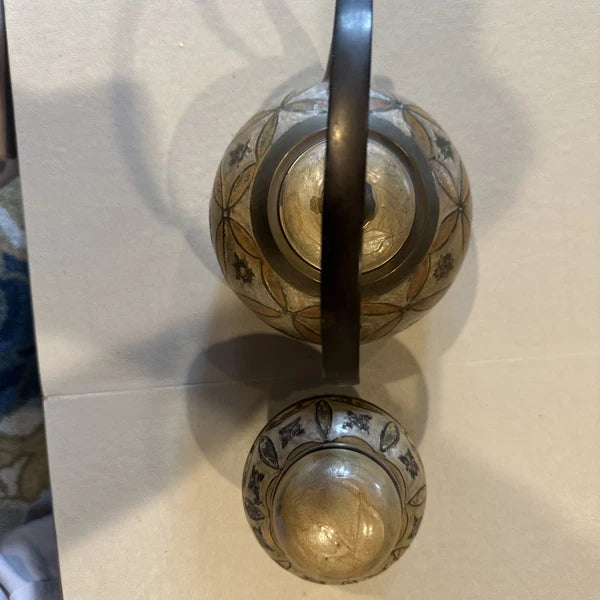 Vintage Brass Solid Tea Kettle With Brass Tea Jar Decorated In Enamel Floral Set