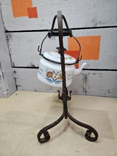 Vintage Enamel Folk Art Tea Pot With Cast Iron Stand