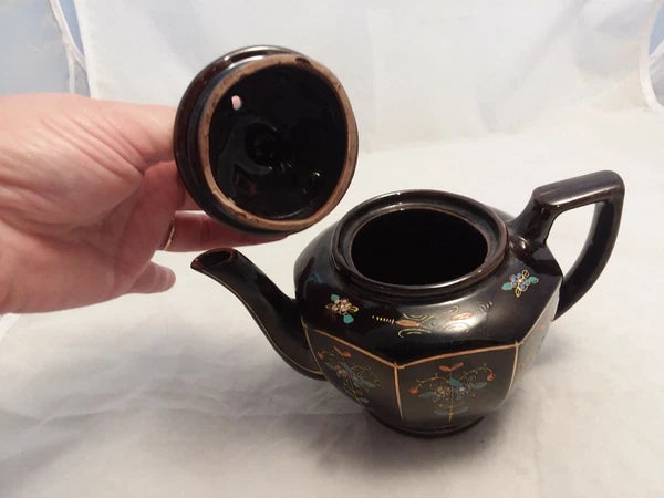 Japan Vintage Black Glazed Tea Pot Hand-painted Design Flowers Gold Trim Hexagon