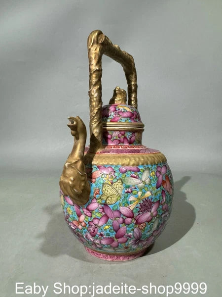 8.6" Yongzheng Dynasty Enamel Colour Porcelain Gilt Flower Phoenix Kettle Pot