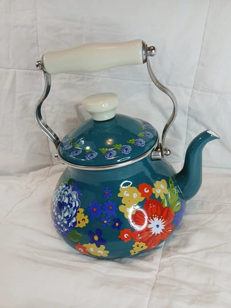 The Pioneer Woman Dazzling Dahlias Enamel Steel Teal 1.9 Quart Tea Kettle Pot