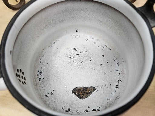 Vintage Enamel Folk Art Tea Pot With Cast Iron Stand