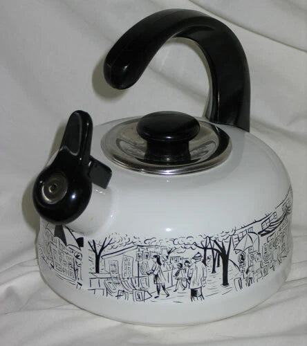 Vintage Mikasa Enamelware w Whistle Parisian Scenes Tea Kettle Paris Images EUC!