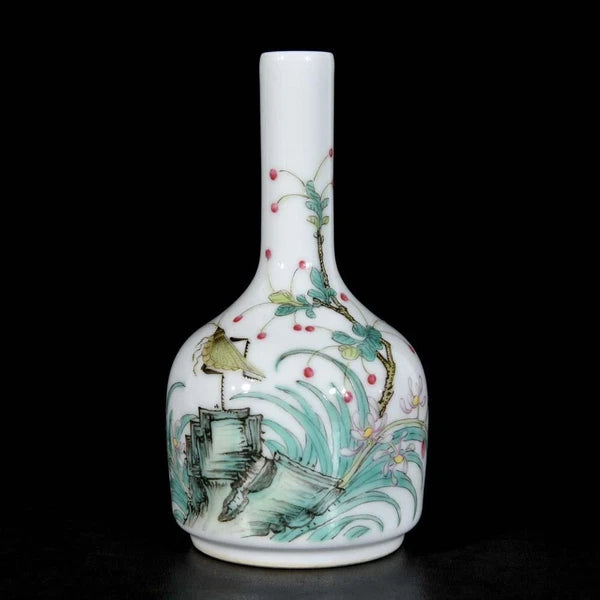Pair Qianlong Signed Old Chinese Colour Enamel Vase W/orchid N3436