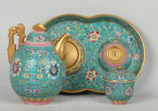8.5" Yongzheng Marked Enamel Porcelain Gilt Flower Pattern Tea Pot Cup Plate Set