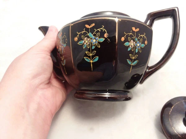 Japan Vintage Black Glazed Tea Pot Hand-painted Design Flowers Gold Trim Hexagon