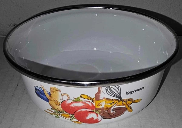 Happy Kitchen 5" Enamelware Bowl Vintage Chrome Rim Tomato Teapot Salad Print