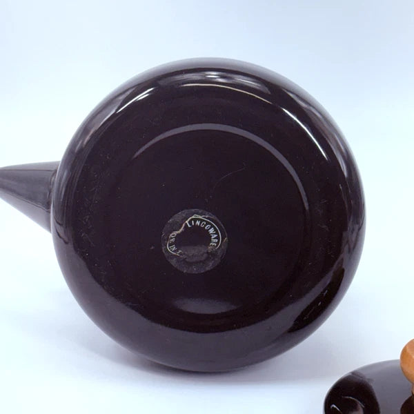 Lincoln Ware Black Enamel Tea Kettle Wood Handle 7" Diameter