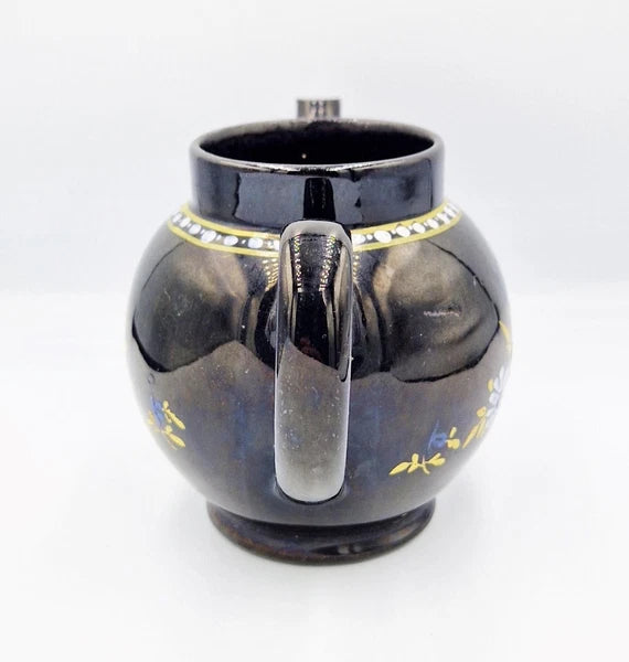 GEORGIAN JACKFIELD GLAZE POTTERY ENAMELLED BACHELORS TEAPOT c1780 a/f