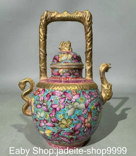 8.6" Yongzheng Dynasty Enamel Colour Porcelain Gilt Flower Phoenix Kettle Pot