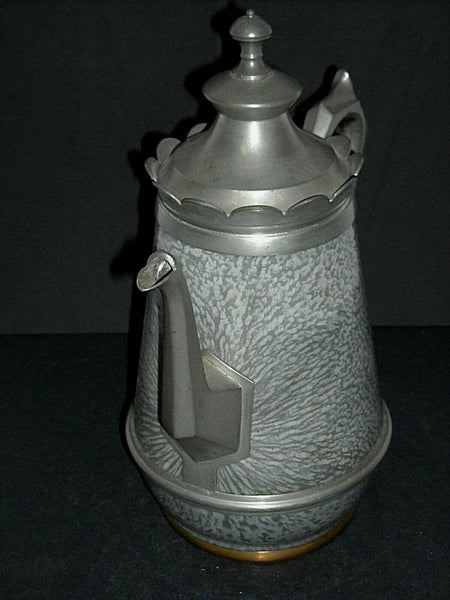 Excellent Early (1890 - 1905) Tall Grey Graniteware Teapot - Pewter Trimmed