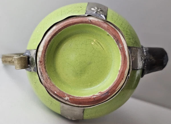 Vintage Moroccan Green Ceramic Ornate Metal Overlay Decorative Small Teapot VTG